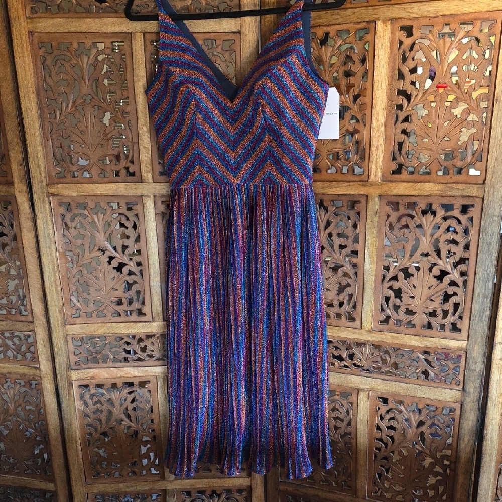 Dress the Population Blue and Red Chevron Midi Dress
